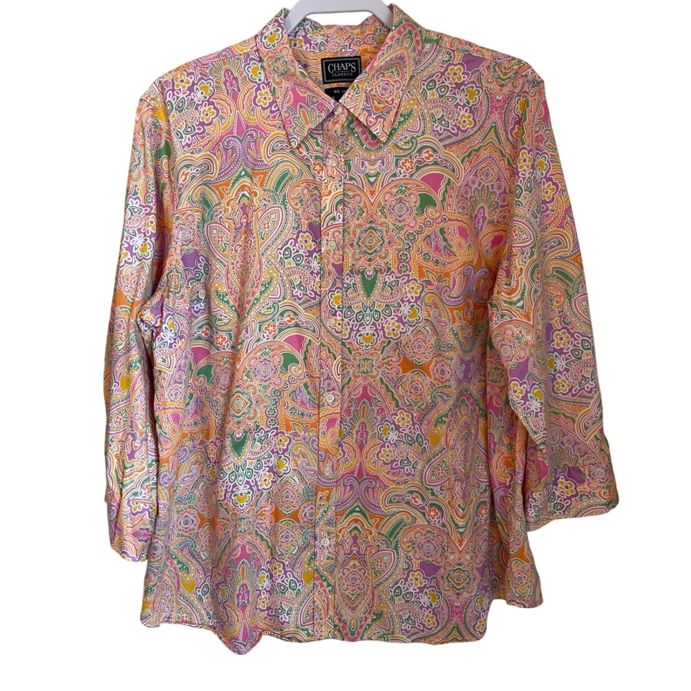 Chaps Womens 2X Multicolor Paisley No Iron Cotton Button Up Shirt 3/4 Sleeve